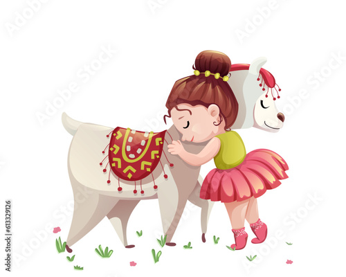The girl hugs a lama. True friendship between man and animal. Caring for children about pets. The child is devoted to the lama