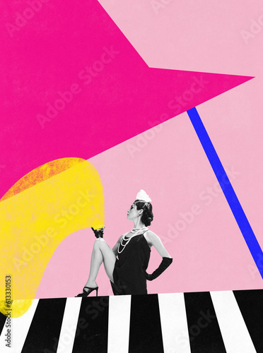 Photography Talented woman in vintage clothes, beautiful piano player against colorful background