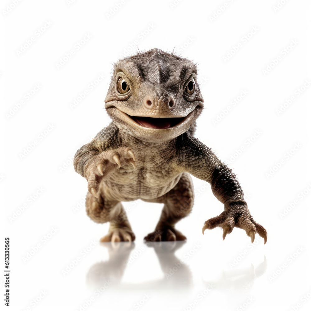 Obraz premium Adorable Cute Funny Baby Dinosaur Animal Running Close Up Portrait Photo Illustration on White Background Nursery, Kid's, Children's room, pediatric office Digital Wall Print Art Nature Generative AI
