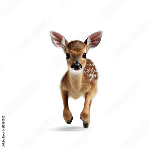 Adorable Cute Funny Baby Deer Fawn Animal Running Close Up Portrait Photo Illustration on White Background Nursery, Kid's, Children's room, pediatric office Digital Wall Print Art Nature Generative AI © Boxels