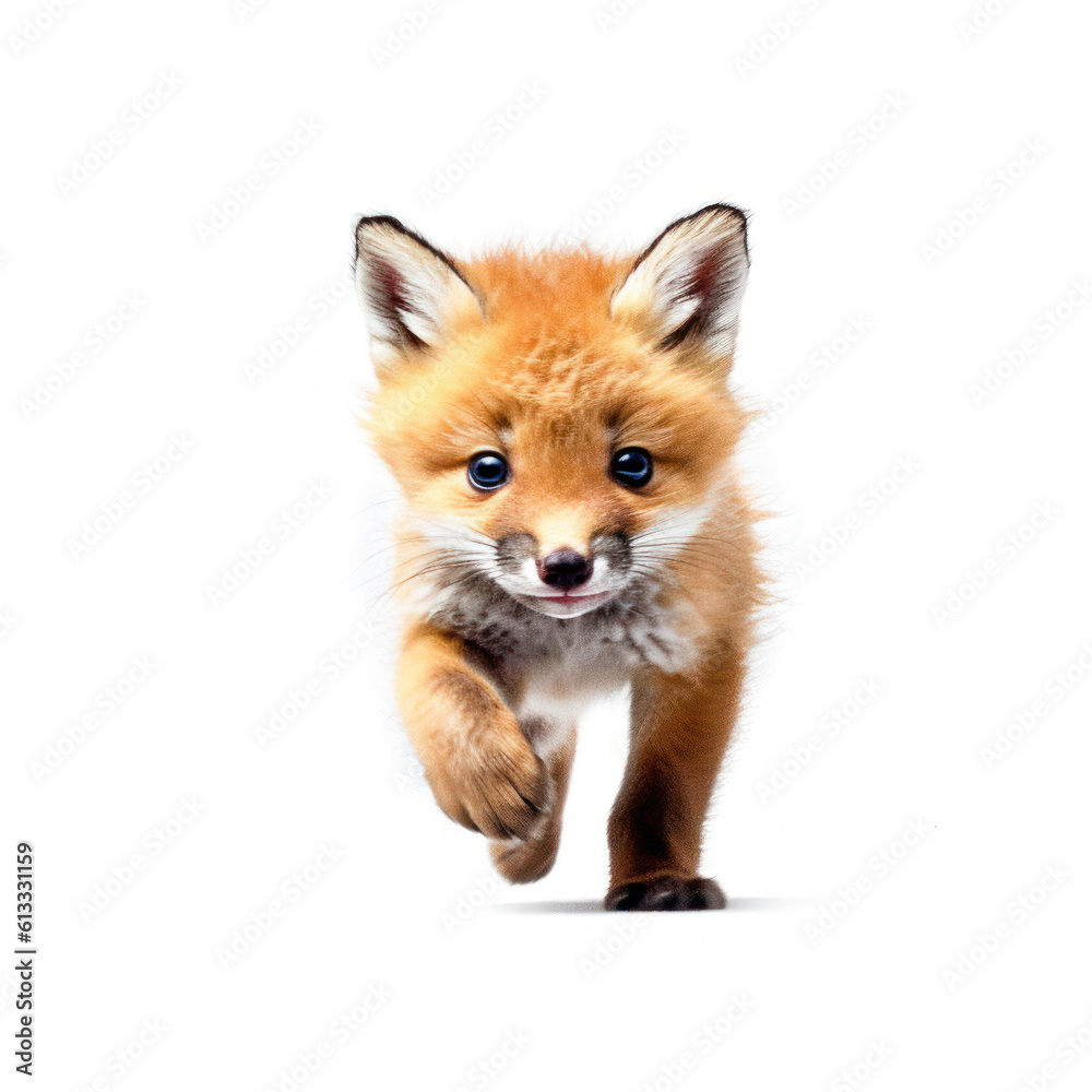 Fototapeta premium Adorable Cute Funny Baby Fox Kit Animal Running Close Up Portrait Photo Illustration on White Background Nursery, Kid's, Children's room, pediatric office Digital Wall Print Art Nature Generative AI
