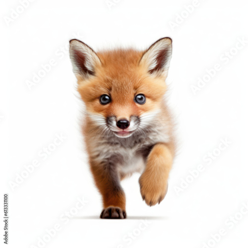 Adorable Cute Funny Baby Fox Kit Animal Running Close Up Portrait Photo Illustration on White Background Nursery, Kid's, Children's room, pediatric office Digital Wall Print Art Nature Generative AI