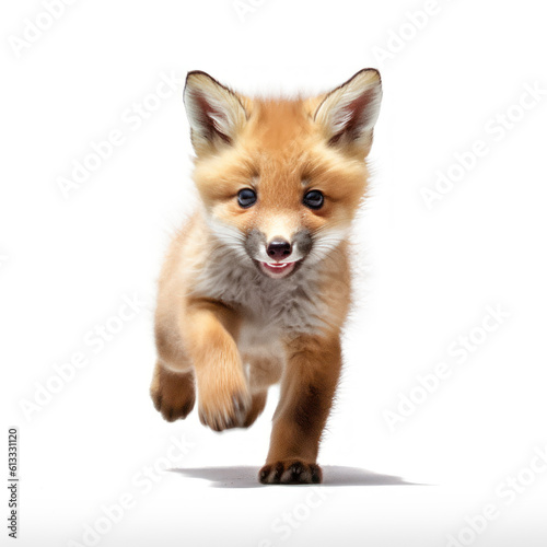 Adorable Cute Funny Baby Fox Kit Animal Running Close Up Portrait Photo Illustration on White Background Nursery, Kid's, Children's room, pediatric office Digital Wall Print Art Nature Generative AI