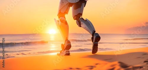 Close-up of robot legs running on a beach at sunset, illustration, AI generative