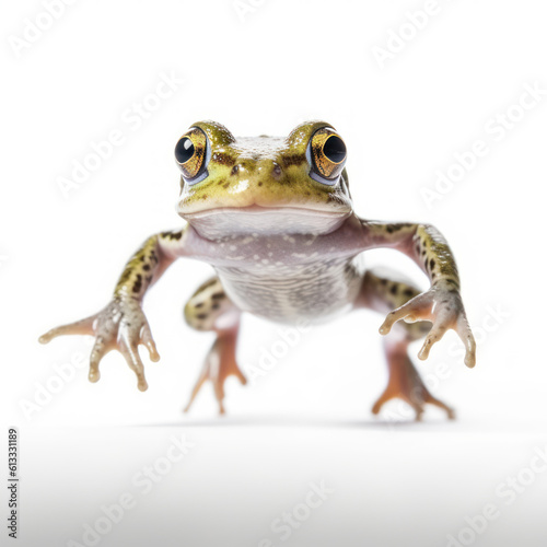 Adorable Cute Funny Baby Frog Animal Running Close Up Portrait Photo Illustration on White Background Nursery, Kid's, Children's room, pediatric office Digital Wall Print Art Nature Generative AI