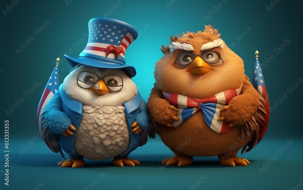 3d render cartoon celebrating America 4th July independence day, USA Flag, Hat and firecrackers