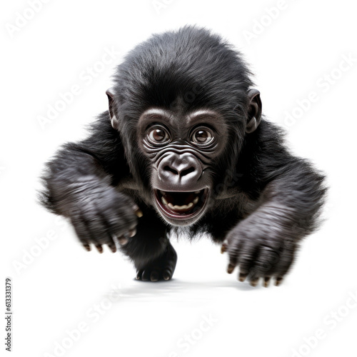 Adorable Cute Funny Baby Gorilla Animal Running Close Up Portrait Photo Illustration on White Background Nursery, Kid's, Children's room, pediatric office Digital Wall Print Art Nature Generative AI