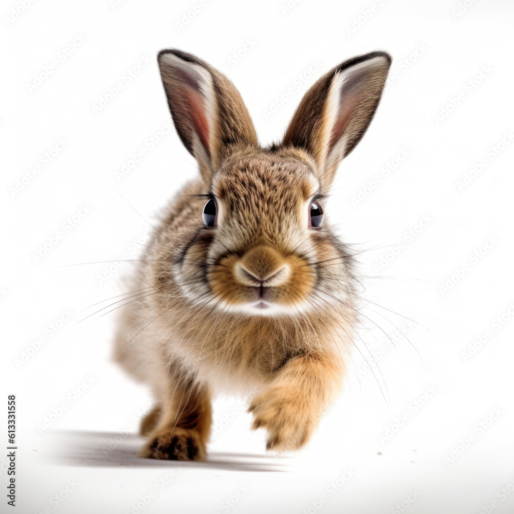Fototapeta premium Adorable Cute Funny Baby Bunny Hare Rabbit Running Close Up Portrait Photo Illustration on White Background Nursery, Kids, Children's room, pediatric office Digital Wall Print Art Nature Generative AI