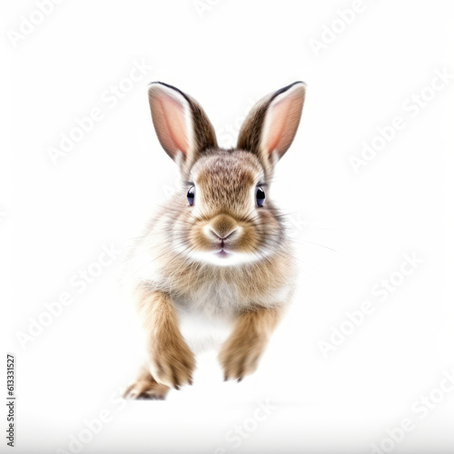 Adorable Cute Funny Baby Bunny Hare Rabbit Running Close Up Portrait Photo Illustration on White Background Nursery, Kids, Children's room, pediatric office Digital Wall Print Art Nature Generative AI © Boxels