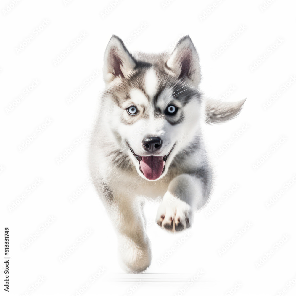 Adorable Cute Funny Baby Husky Puppy Dog Running Close Up Portrait Photo Illustration on White Background Nursery, Kid's, Children's room, pediatric office Digital Wall Print Art Nature Generative AI