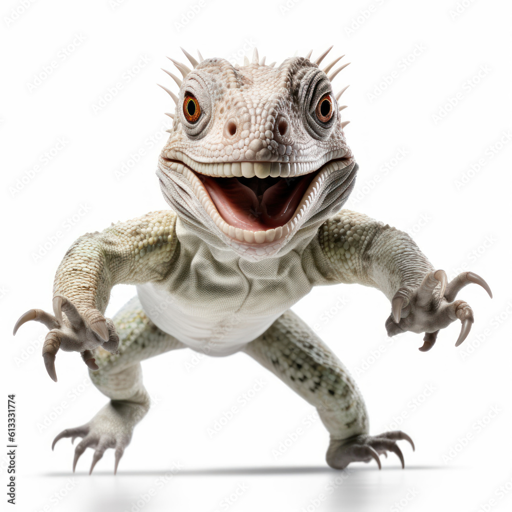 Obraz premium Adorable Cute Funny Baby Iguana Lizard Running Close Up Portrait Photo Illustration on White Background Nursery, Kid's, Children's room, pediatric office Digital Wall Print Art Nature Generative AI