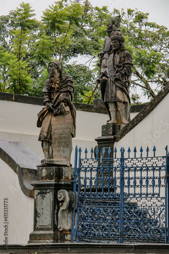 Soapstone statues in front of the Catholic Church in the historic town of Congonhas in Minas Gerais, Brazil.