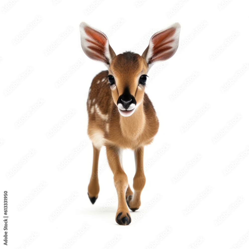 Fototapeta premium Adorable Cute Funny Baby Impala Animal Running Close Up Portrait Photo Illustration on White Background Nursery, Kid's, Children's room, pediatric office Digital Wall Print Art Nature Generative AI