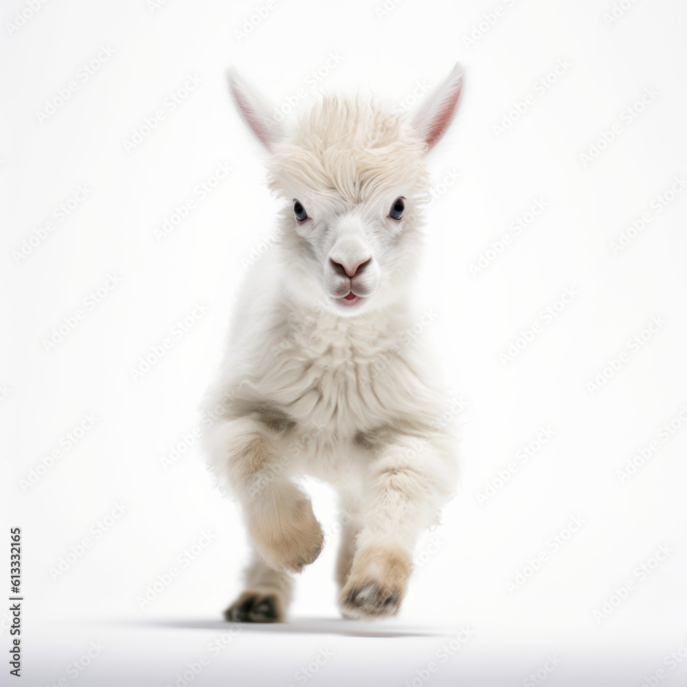 Obraz premium Adorable Cute Funny Baby Llama Animal Running Close Up Portrait Photo Illustration on White Background Nursery, Kid's, Children's room, pediatric office Digital Wall Print Art Nature Generative AI
