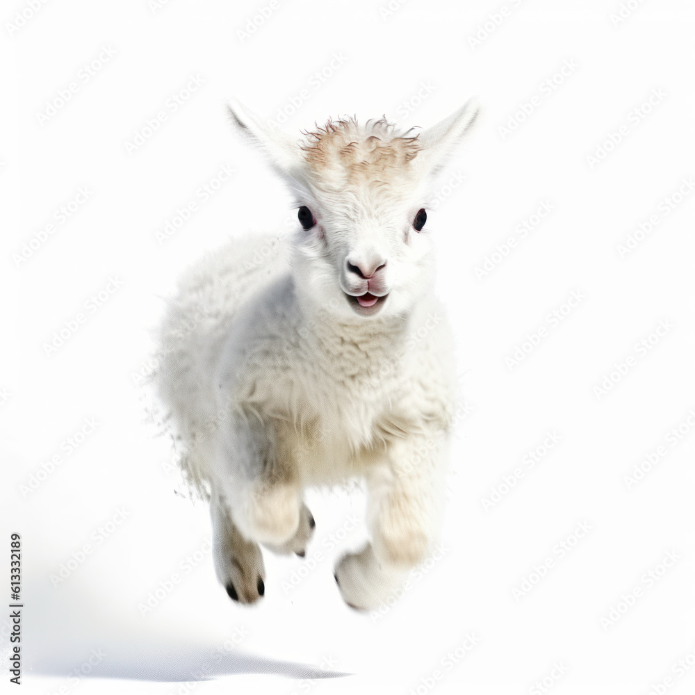 Fototapeta premium Adorable Cute Funny Baby Llama Animal Running Close Up Portrait Photo Illustration on White Background Nursery, Kid's, Children's room, pediatric office Digital Wall Print Art Nature Generative AI