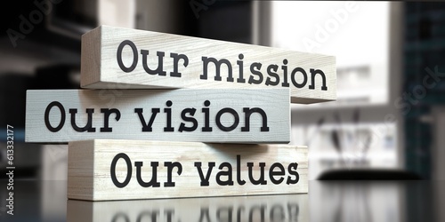 Our mission, vision, values - words on wooden blocks - 3D illustration photo