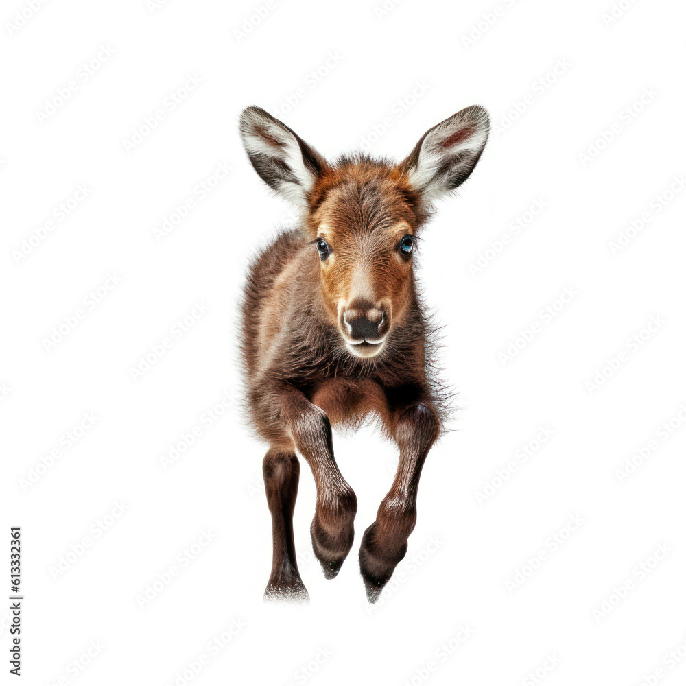 Fototapeta premium Adorable Cute Funny Baby Moose Animal Running Close Up Portrait Photo Illustration on White Background Nursery, Kid's, Children's room, pediatric office Digital Wall Print Art Nature Generative AI