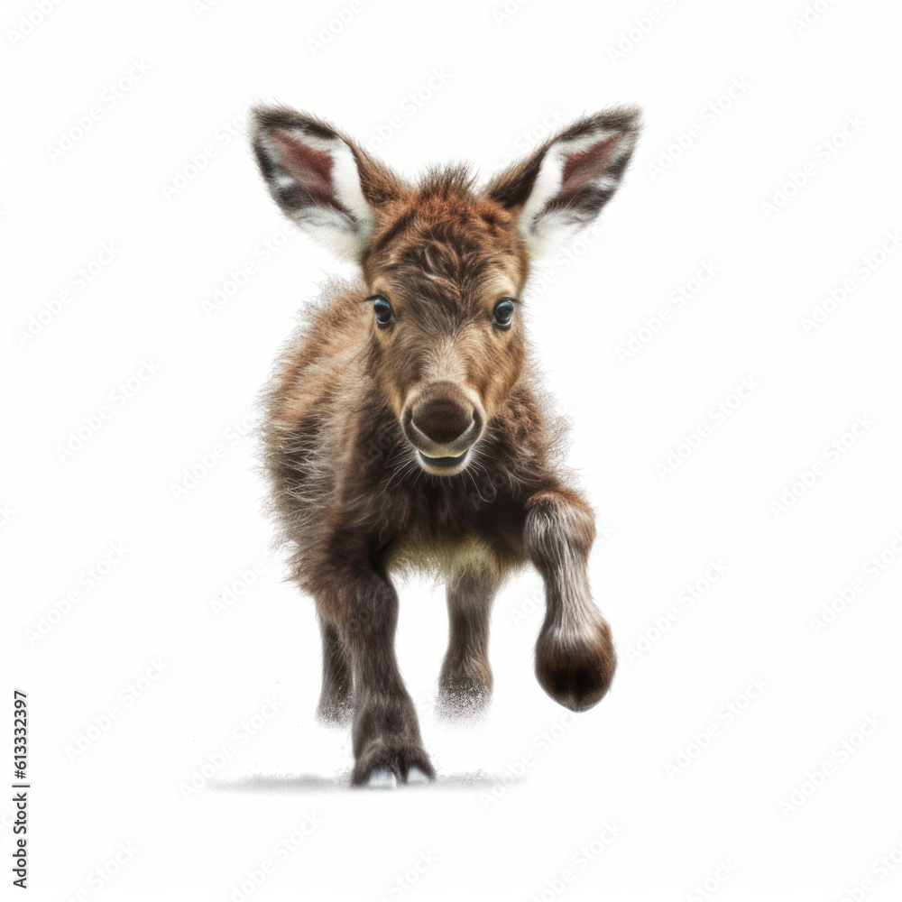 Fototapeta premium Adorable Cute Funny Baby Moose Animal Running Close Up Portrait Photo Illustration on White Background Nursery, Kid's, Children's room, pediatric office Digital Wall Print Art Nature Generative AI