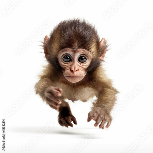 Adorable Cute Funny Baby Monkey Animal Running Close Up Portrait Photo Illustration on White Background Nursery, Kid's, Children's room, pediatric office Digital Wall Print Art Nature Generative AI