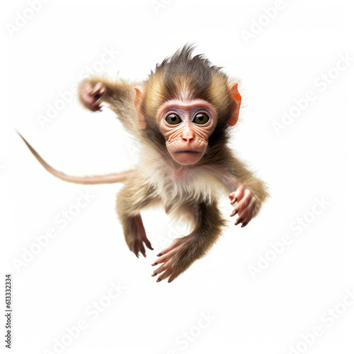 Adorable Cute Funny Baby Monkey Animal Running Close Up Portrait Photo Illustration on White Background Nursery, Kid's, Children's room, pediatric office Digital Wall Print Art Nature Generative AI