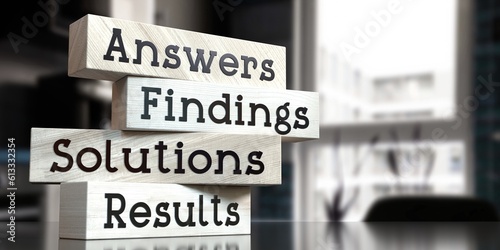 Answers, findings, solutions, results - words on wooden blocks - 3D illustration