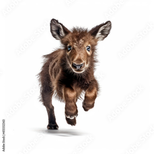 Adorable Cute Funny Baby Moose Animal Running Close Up Portrait Photo Illustration on White Background Nursery, Kid's, Children's room, pediatric office Digital Wall Print Art Nature Generative AI