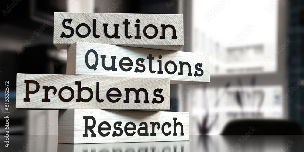 Fototapeta premium Solution, questions, problems, research - words on wooden blocks - 3D illustration