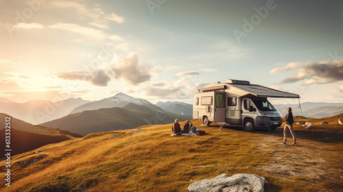 Print op canvas a camper van in the mountains in summer