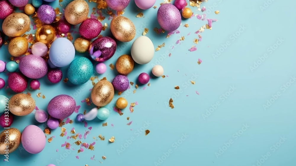 Obraz premium brightly colored easter eggs isolated on blue background. Generative AI
