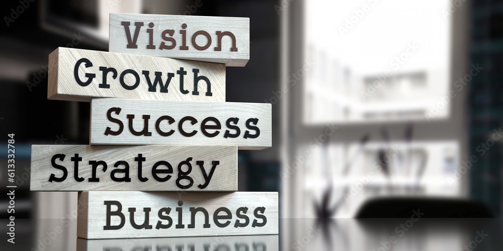 Vision, growth, success, strategy, business - words on wooden blocks - 3D illustration
