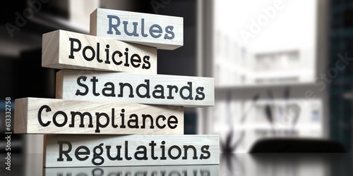Rules, policies, standards, compliance, regulations - words on wooden blocks - 3D illustration photo