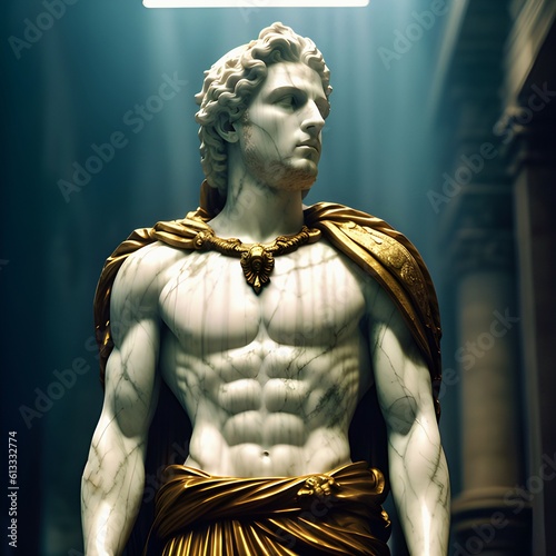 A generative ai image of a white marble statue bust of a roman soldier or the demigod hero Hercules. According to Greek mythology, despite not being a God, Hercules was welcomed into Mount Olympus.