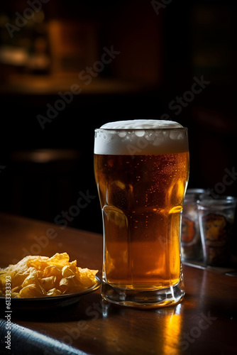 A glass mug of beer with foam and chips. AI generative illustration