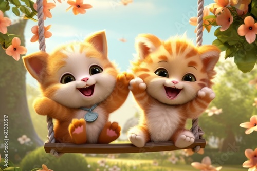 Cute kittens ride on a swing. AI generated, human enhanced