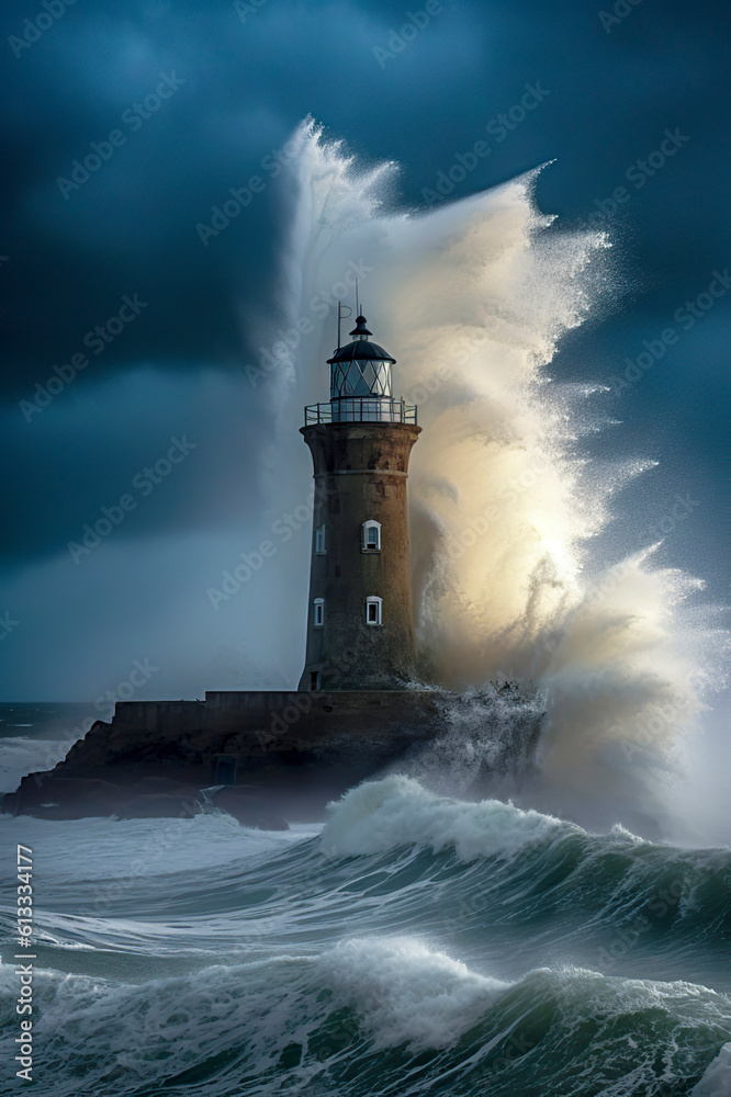 Guardian of the Storm: A Lighthouse Standing Strong amidst the Fury of Towering Waves, ai generatiev