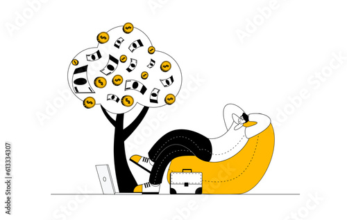 A man sitting with a laptop. The character is admiring his money tree. Vector illustration. Passive income.
