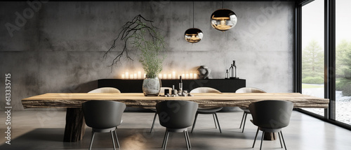 Modern Norwegian Dining Room - Interior Design in Norway - Moody Black and White with Organic Raw Wood Table and Chairs - Concrete - Living Materials and Eco Friendly - Generative AI