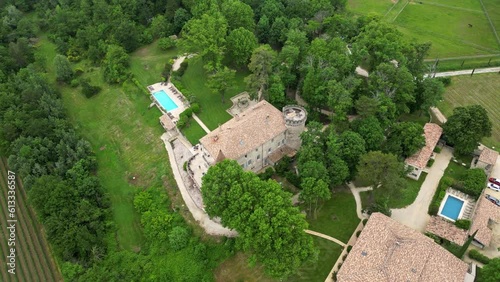 Charols, France - 20 May 2023: Panoramic aerial view of Chteau Les Oliviers de Salettes, Charols in southern France photo