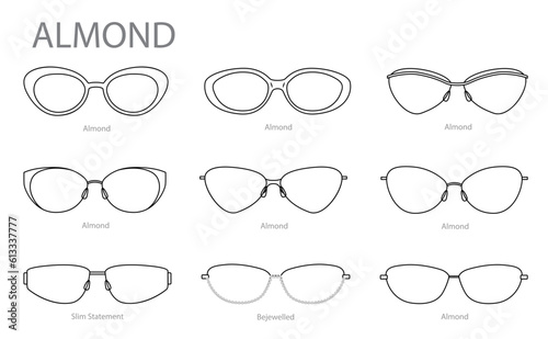 Set of Almond frame glasses fashion accessory illustration. Sunglass front view for Men, women, unisex silhouette style, flat rim spectacles eyeglasses with lens sketch style outline isolated on white