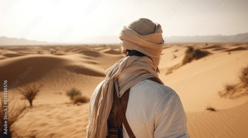 back view on a man with a headscarf in the desert. Generative AI