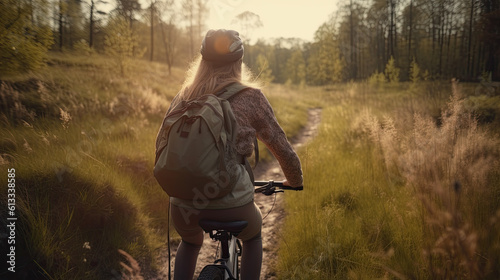 back view of a woman with a backpack on a mountain bike driving through the nature. Generative AI photo