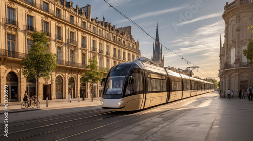 a modern tram drives through a historic part of the city. city trip concept. Generative AI