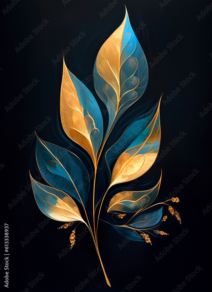Blue and gold tree leaves design. Great for wall art and home decor. Golden and dark blue leaves