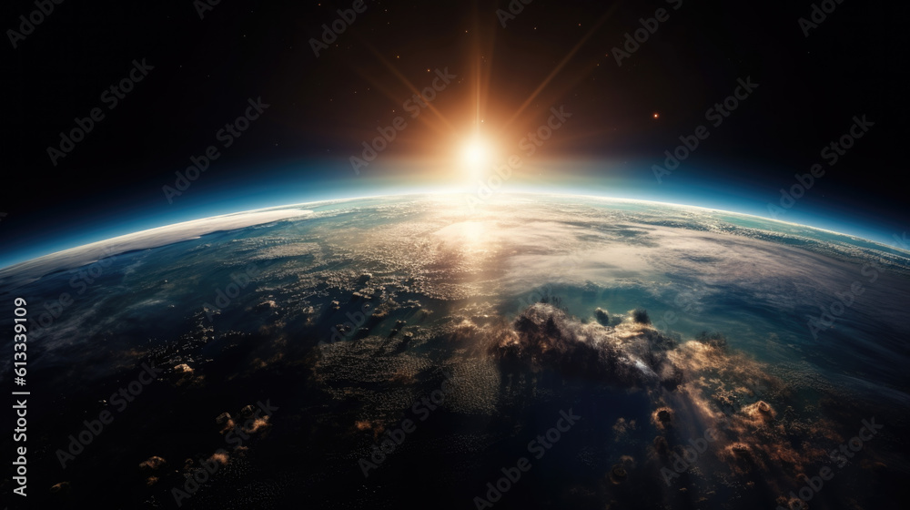 sunrise behind the earth from space. Generative AI