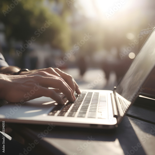 Working on laptop ouside as digital nomad