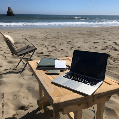 Working at beach on laptop as digital nomad