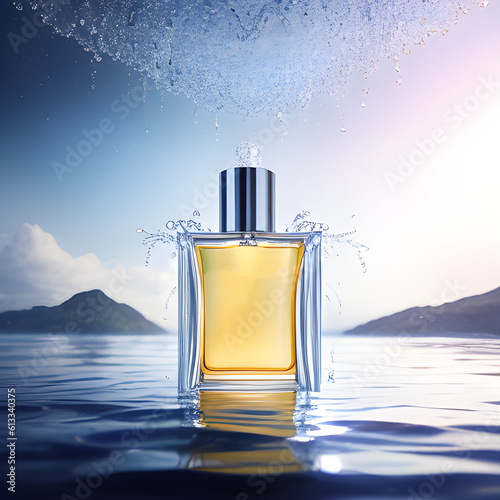 Studio photography, presentation, perfume, perfume on the water. Perfume promotional photo. generative AI © EVISUAL