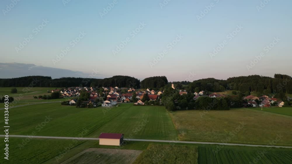 Germany, Bavaria, Allgaeu, drone flight over the meadow in the sunset Germany, Bavaria, Allgaeu, drone flight over the meadow in the sunset