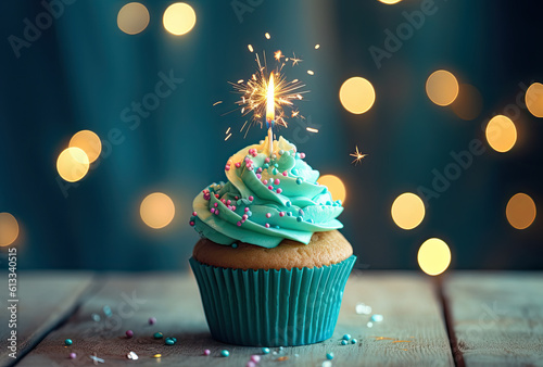magdalena con crema de color turquesa y fondo con bokeh azul, con vela de cumpleaños encendida, sobre fondo desenfocado dorado y oscuro
