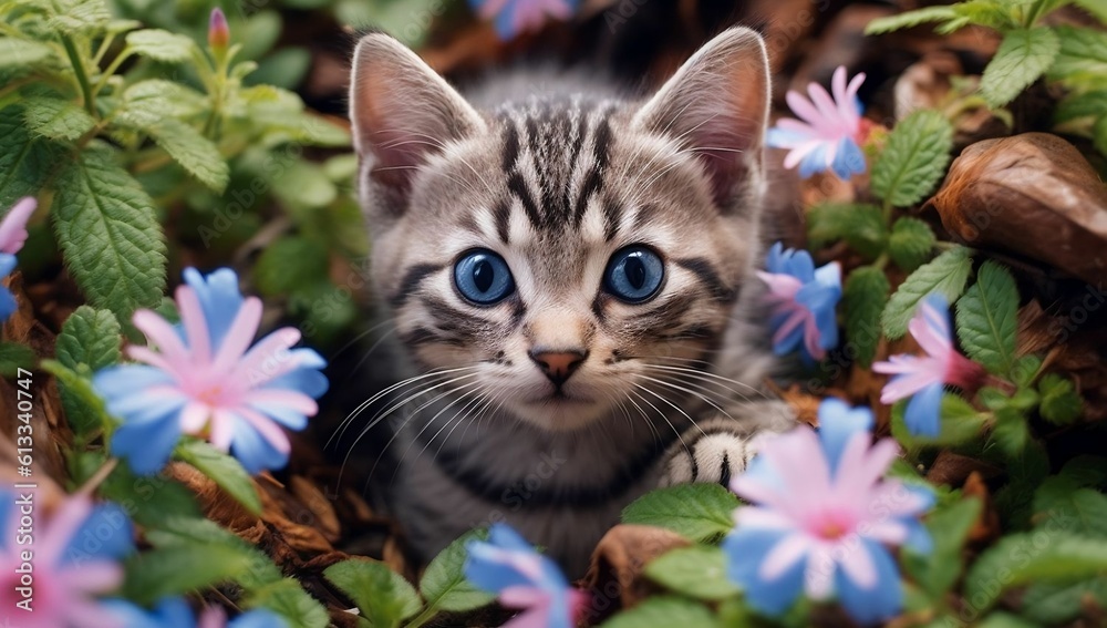 Tranquil kitten amid vibrant flowers, embodying innocence and serenity